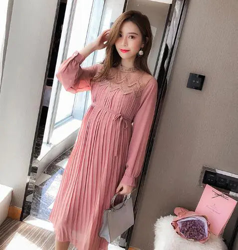 Long Sleeve Pleated Chiffon Maternity Dresses