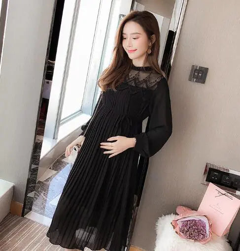 Long Sleeve Pleated Chiffon Maternity Dresses