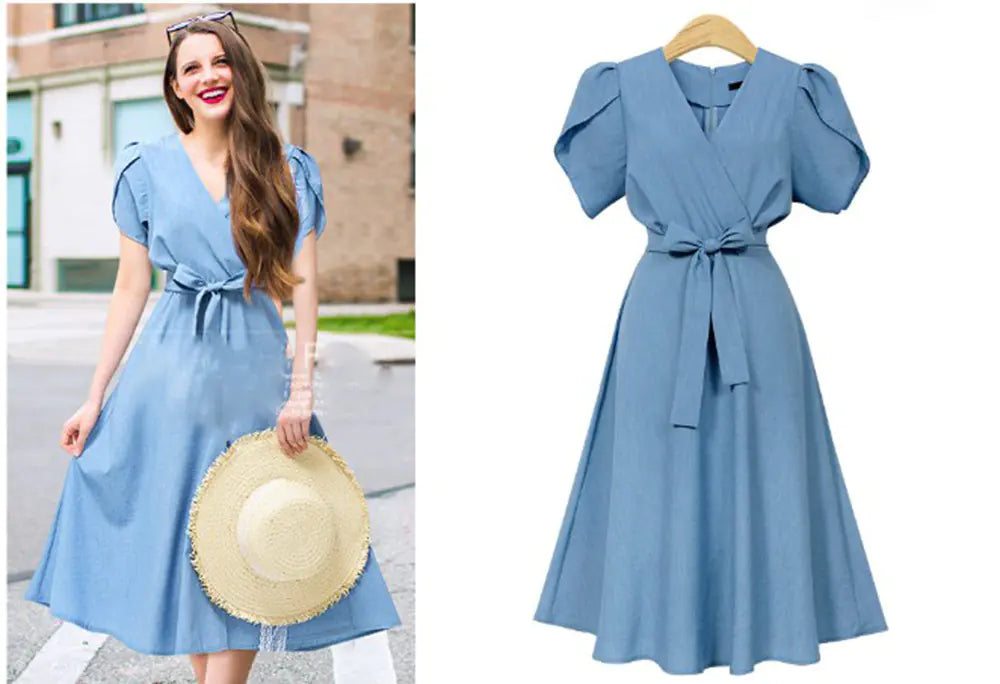 Women's Summer Dresses with V-Neck and Short Sleeves