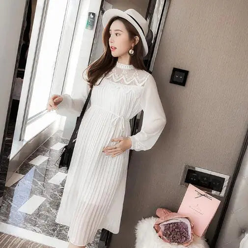 Long Sleeve Pleated Chiffon Maternity Dresses
