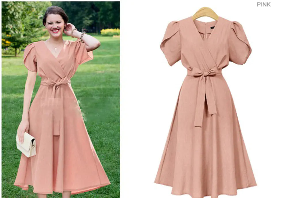 Women's Summer Dresses with V-Neck and Short Sleeves