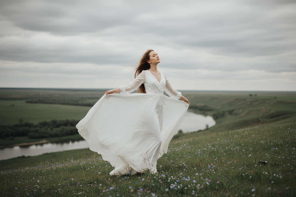 put a girl in a white dress during a cloudy day